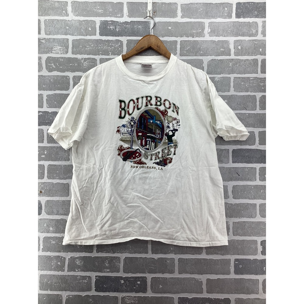 Vintage Oneita Bourbon Street New Orleans T-Shirt White XL Single Stitch Cotton
